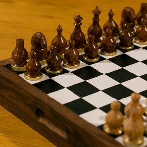 Chess set with board, Hand Crafted Chess Sets From Walnut, Leather Wood and Brass, a Luxury Personalized Gifts