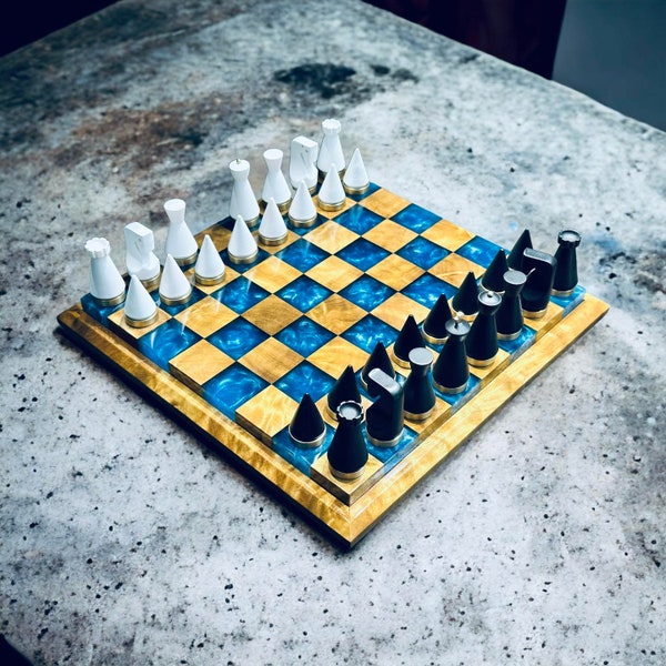 Epoxy Chess Set, Epoxy Chess Board, Hand Crafted Chess Sets , Resin And Brass, Chess Set With Board, a Luxury Personalized Gifts