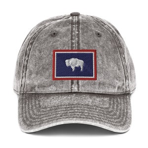 Wyoming Flag Hat, Wyoming Cap, Distressed Wyoming Hat, Buffalo, Gift for Wyomingian (Embroidered Vintage Cotton Twill Cap)