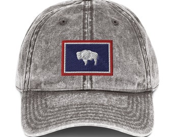 Wyoming Flag Hat, Wyoming Cap, Distressed Wyoming Hat, Buffalo, Gift for Wyomingian (Embroidered Vintage Cotton Twill Cap)