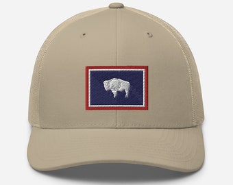 Wyoming Flag Hat, Wyoming Cap, Distressed Wyoming Hat, Buffalo, Gift for Wyomingian (Embroidered Trucker Cap)