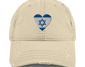 Israel Flag Heart Hat, Israeli Heritage Country Flag Cap, I Stand With Israel Hat, Support Israel Embroidered Distressed Hat