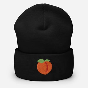 Peach Beanie, Peach Emoji Cap, Peach Booty Emoji Hat, Peachy Booty Gains Winter Hat, Embroidered Cuffed Beanie