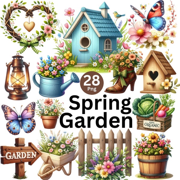 Watercolor Spring Gardens Clipart, Spring Garden Illustrations, Painted Garden Clipart,28PNG Graphics, Instant Download for Commercial Use