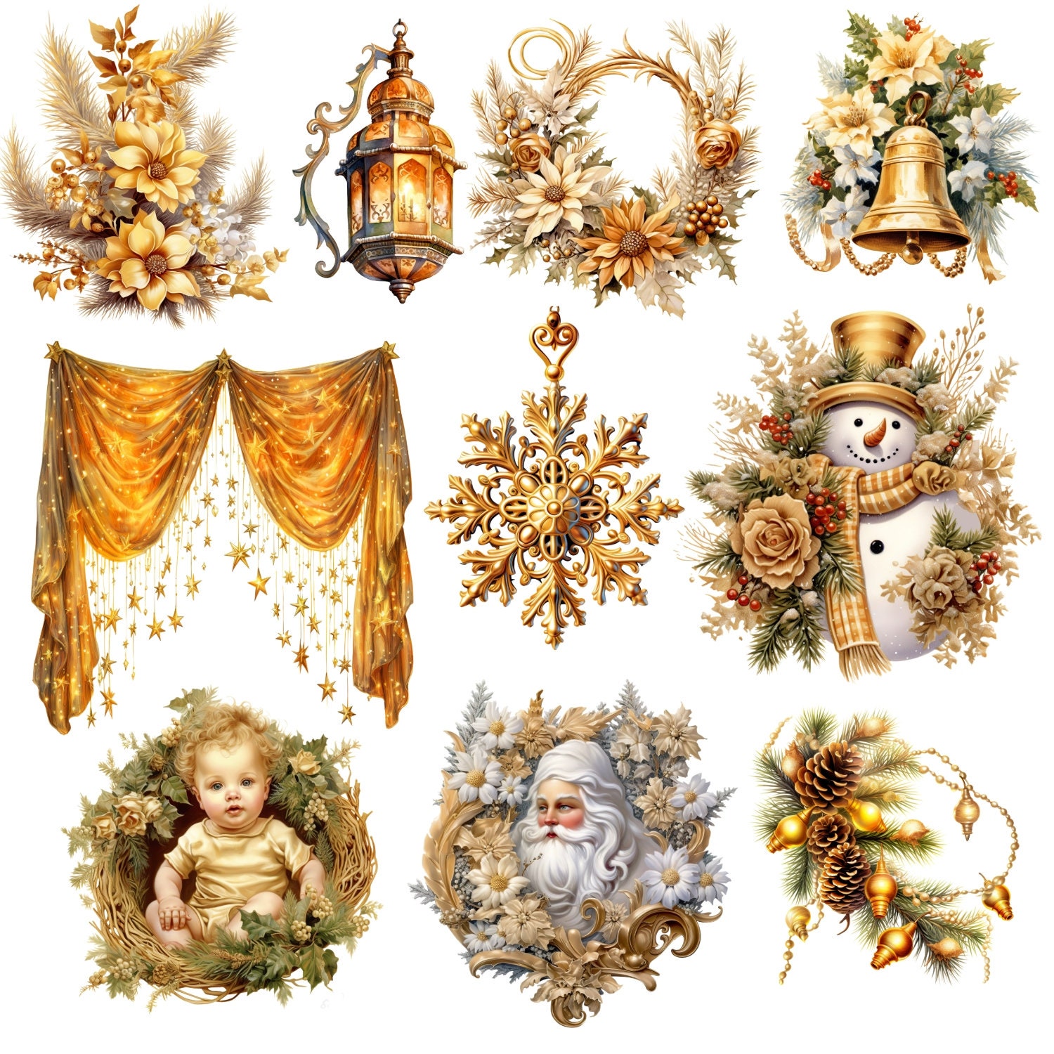 Gold Cottagecore Christmas Png Clipart Watercolor Winter Bundle Junk