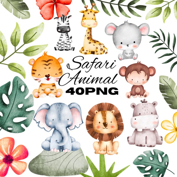 Watercolor safari animals clipart, cute baby safari animals clipart PNG, jungle clipart, Africa animals illustration, digital download