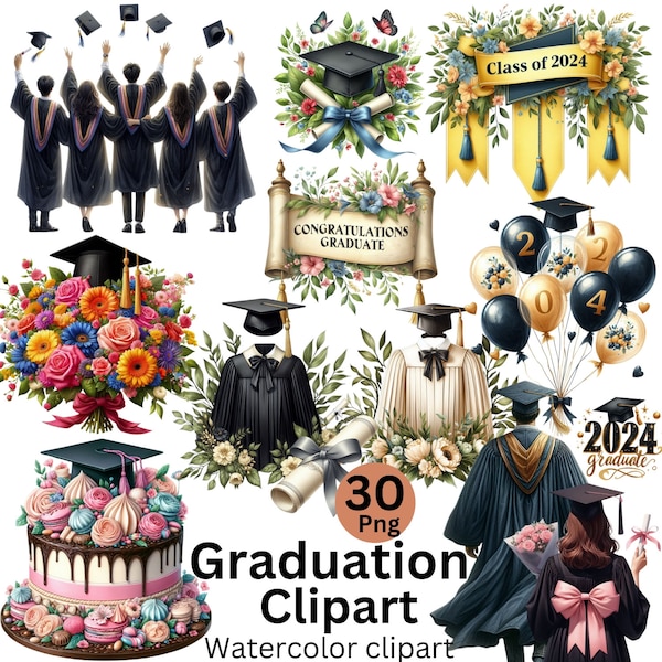 Watercolor Graduation Collection Clipart, 30PNG Grad Floral Clipart, Graduation Caps Clipart, Diploma Clipart, Commercial Use