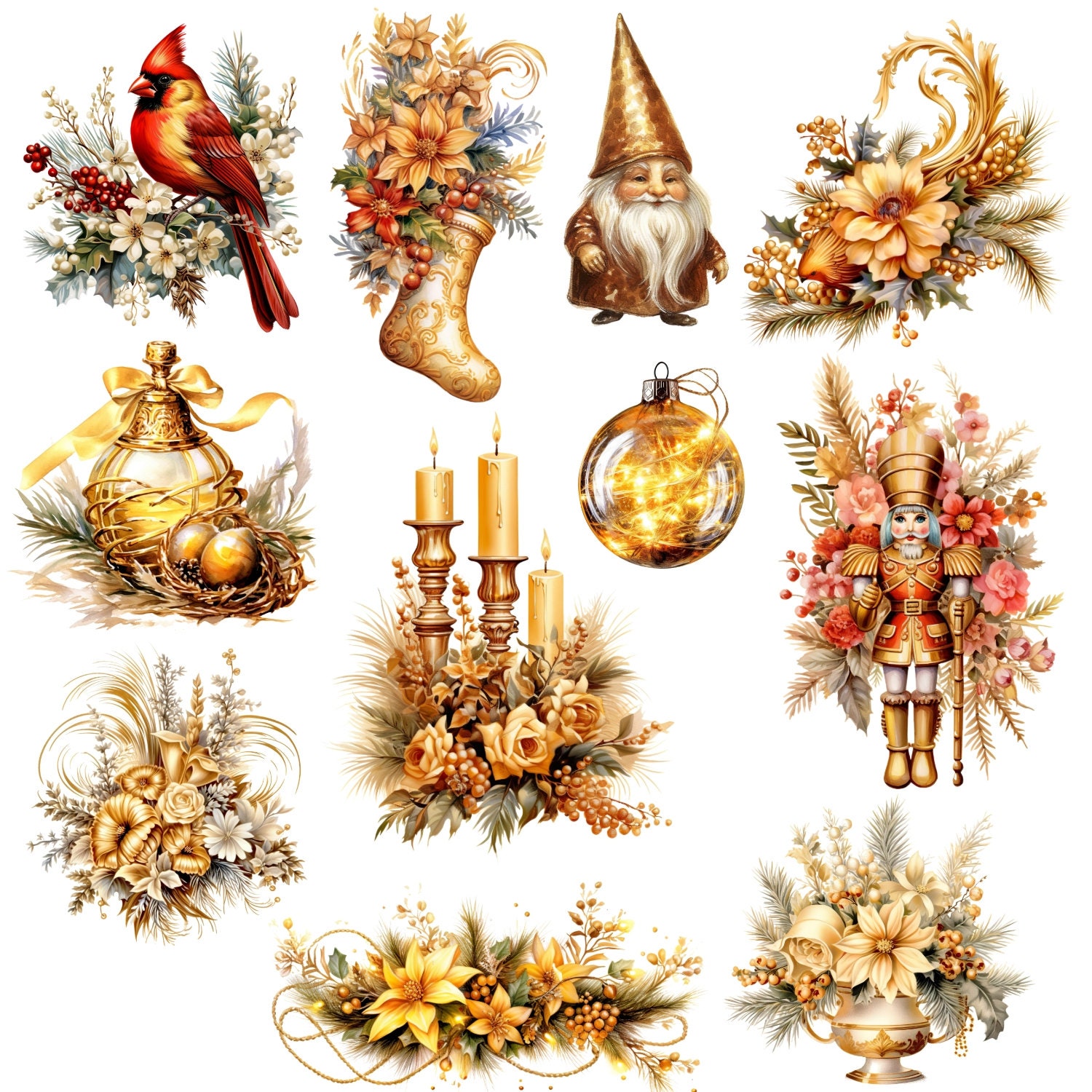 Gold Cottagecore Christmas Png Clipart Watercolor Winter Bundle Junk