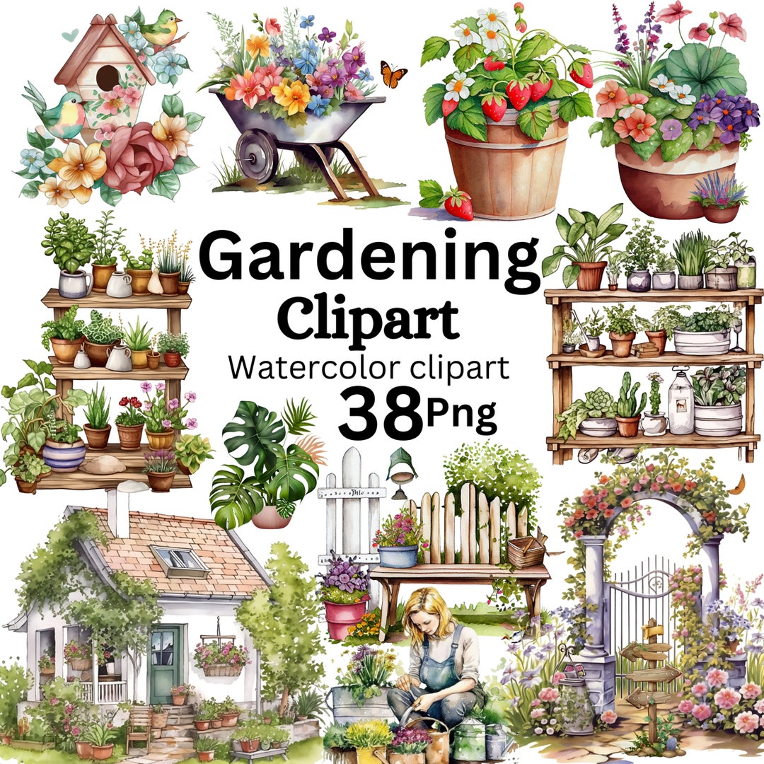 Watercolor Spring Garden Clipart, Spring Flowers in Pots, Farmhouse ...