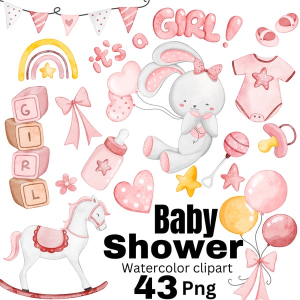 35 cliparts aquarelle baby shower, ensemble bébé fille numérique Clip Art, illustration PNG Transparente pour chambre de bébé nouveau-né, sexe révélateur de babyshower