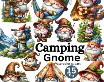 Bundle de cliparts aquarelle camping nain, gnomes d'automne, feu de camp, nain de randonnée, amateurs de gnomes, nain de vacances, clipart extérieur de feu de camp