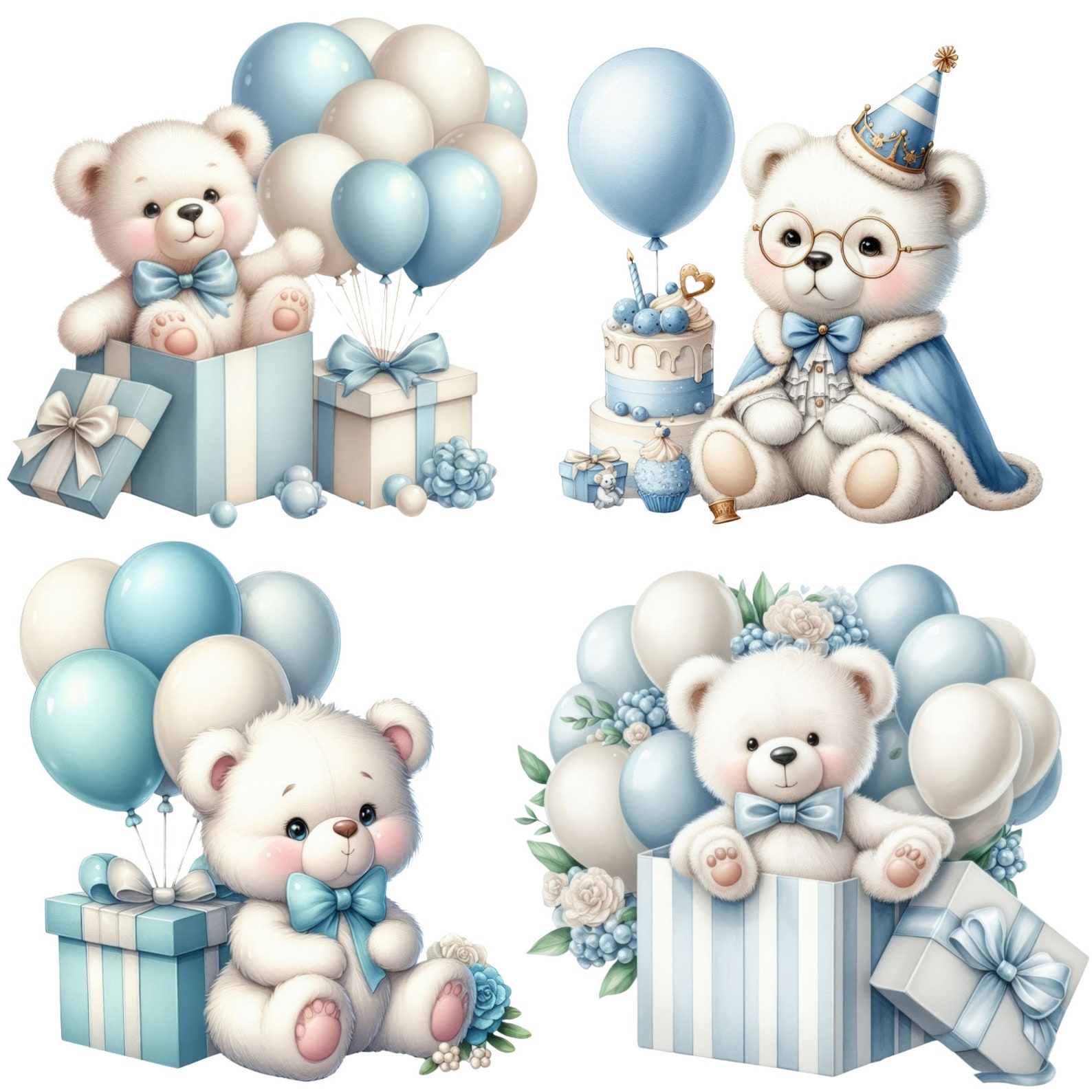 Watercolor Bear With Balloons Collection Clipart,30png Blue Pink Teddy ...
