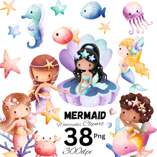 Cute Mermaid Watercolor Clipart - piccole e magiche creature sottomarine, Baby shower, baby fish, simpatici animali dell'oceano png