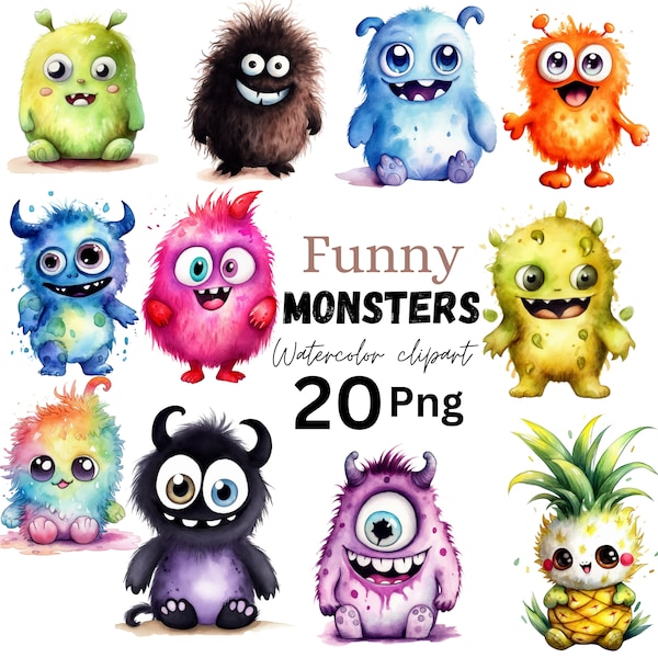 20 Baby Monster Clipart, Aquarell süße Monster Clipart, Monster Einladungskarte, Halloween Clipart, stattdessen Download, kommerzielle Nutzung