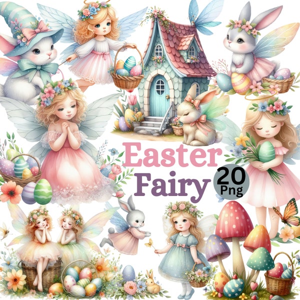 Watercolor Easter Clipart Bundle, Spring Clipart,Easter Bunny,Easter Egg, Easter Basket PNG, Happy Easter png,Tulip Clipart, Fairy Garden