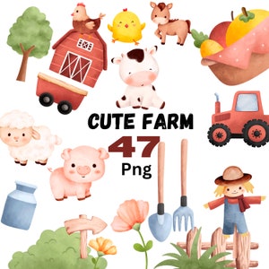 Cute Farm Clipart, Farm Animals Watercolor Digital Clipart, Farm Animals