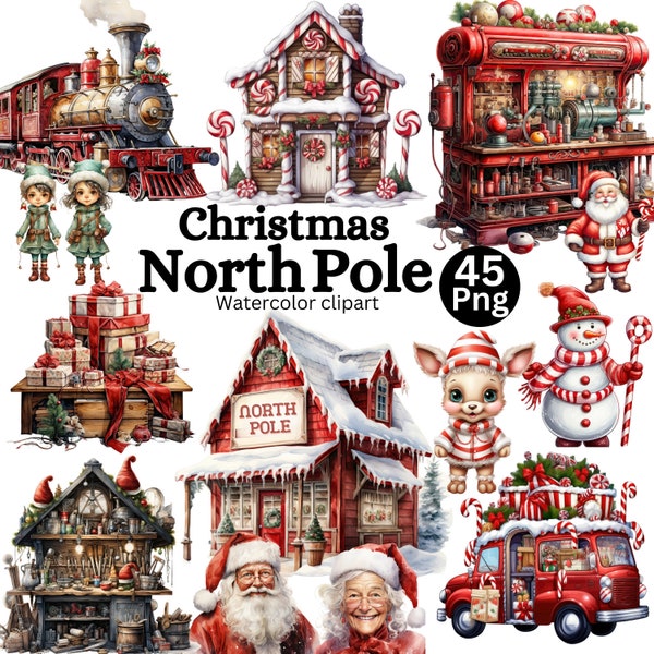 Christmas North Pole PNG Watercolor Clipart Bundle , Junk Journal, Digital planner, Collage Images, Christmas Sublimation, Christmas Clipart