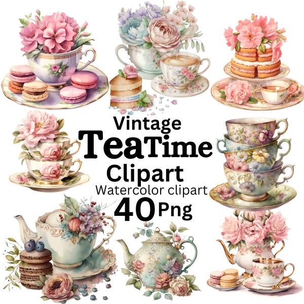 Watercolor Vintage Teacup Clipart - Antique Tea Time PNG Digital Image Downloads for Card Making, Scrapbook, Junk Journal, Paper Crafts