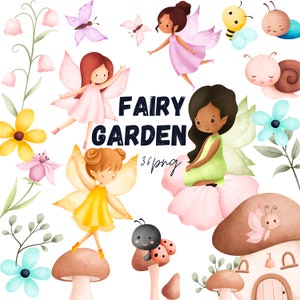 Fairy garden watercolor clipart, enchanted forest, fairy tale graphics, nursery clipart, magical fairy, once upon a time clipart, baby PNG