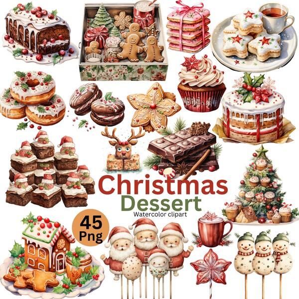 45PNG Watercolor Christmas Dessert Clipart, Christmas Sweets Clip art, Christmas Cake, Cupcakes, Cookies, Gingerbread Png, Xmas Noel Treats