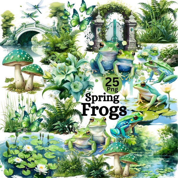 Frogs Watercolor Clipart Bundle -25PNG Frog Images, Green Toad Graphics,Lily Croaker Tidepools, Instant Digital Download, Commercial Use