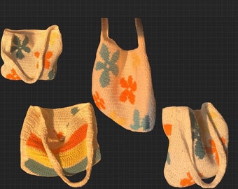 May include: Four crocheted bags with different floral patterns. The bags are white with orange, yellow, blue, and green accents. The bags are all made with a chunky yarn and have a simple, casual style.