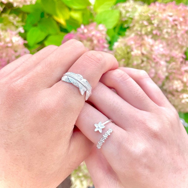 Flower&Leaves Couple Matching Rings Set Sterling Silver Statement Rings for gf and bf, Minimalist Classic Elegant Cute Couple Promise Rings