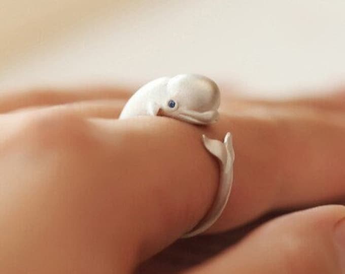 Adorable Smiling Whale Ocean Beluga Creative Cute Statement Ring Sterling Silver Adjustable Anniversary Birthday Friendship Gifts for bf gf