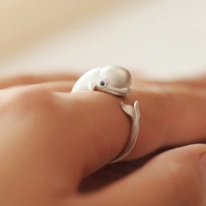 Adorable Smiling Whale Ocean Beluga Creative Cute Statement Ring Sterling Silver Adjustable Anniversary Birthday Friendship Gifts for bf gf