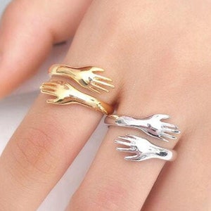 Love Hugging Hands Promise Statement Romantic Cute Couple Ring Sterling Adjustable Silver Anniversary Gift for Boyfriend Girlfriend