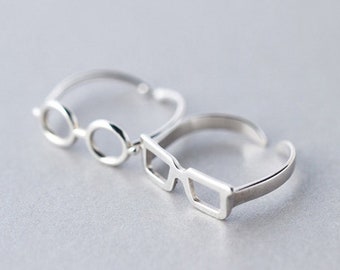 Book Lover Nerdy Glasses Square Round Shape Couple Promise Adjustable Silver Cute Gifting Matching Rings