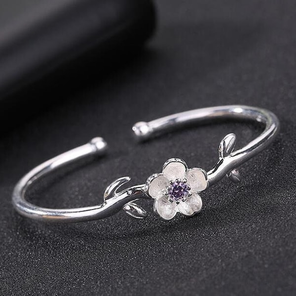 Sakura Cherry Blossom Silver Flower Bracelet with Purple Zircon Anniversary Birthday Gift For Her Cute Wedding Gifts, Bridesmaid gifts