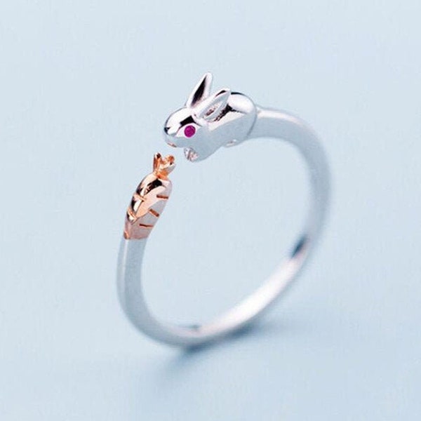 1Creative Cute Rabbit Bunny Carrot Ring Sterling Adjustable Silver Bestie Friendship Rings Birthday Anniversary Gifts for Girlfriend