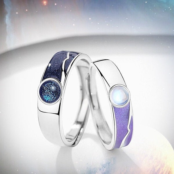 Zodiac Galaxy Star 925 sterling silver resin Couple Matching Rings his and hers rings promise Statement ring set personalized gift for bf gf