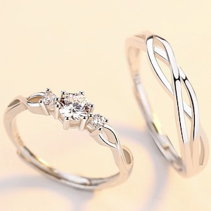 Entangled Love Couple Matching Silver Rings Sets, Promise Ring sets for bf gf with Adjustable Band, Anniversary Valentines Day Gifts bf gf