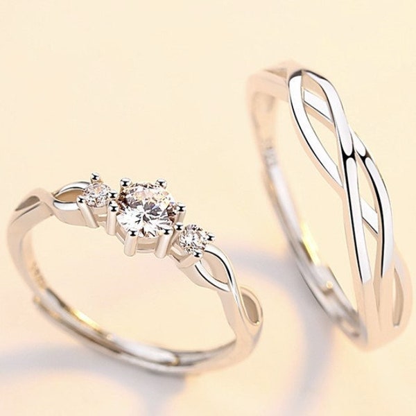 Entangled Love Couple Matching Silver Rings Sets, Promise Ring sets for bf gf with Adjustable Band, Anniversary Valentines Day Gifts bf gf