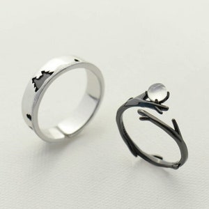 Moonlight Forest Couple Matching Rings with Moonstone Black Adjustable Promise Rings for Couples Anniversary Gifts for bf gf Moon Rings