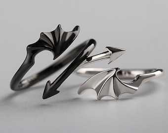 Black and Silver Dragon Evil Wing Open Band Ring, Punk Style Adjustable Size Unisex Jewelry Couple Matching Promise Rings Gifts for bf gf