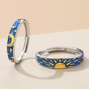 Sun and Moon Van Gogh Starry Night Inspired Enamel Painting Couple Matching Ring Set, Adjustable band Promise Statement Rings for Couples