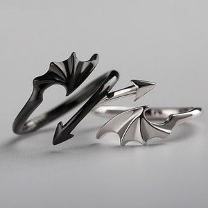 Black and Silver Dragon Evil Wing Open Band Ring, Punk Style Adjustable Size Unisex Jewelry Couple Matching Promise Rings Gifts for bf gf
