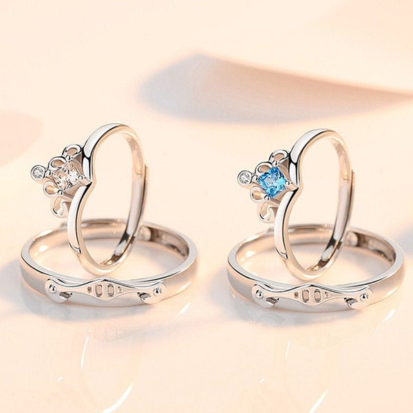 Princesses and Knight Fairy Tale Matching Elegant Couple Sliver Adjustable Matching Set Promise Statement Rings Anniversary Gift