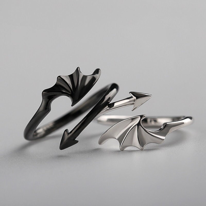 2Pcs Wing Angel Devil Dragon Couple Matching Ring Set For Women Men Him Her Lover Open Adjustable Promise Wedding Ring Valentine's Day Jewelry Gift-A
