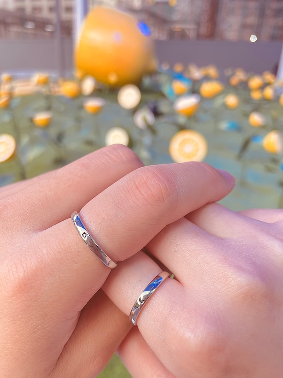 Sun and Moon Couple Matching Rings Statement Promise Silver 