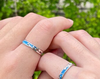 Rockyu Moon & Stars Couple Ring - 925 Sterling Silver, Blue CZ, Unisex Matching Rings