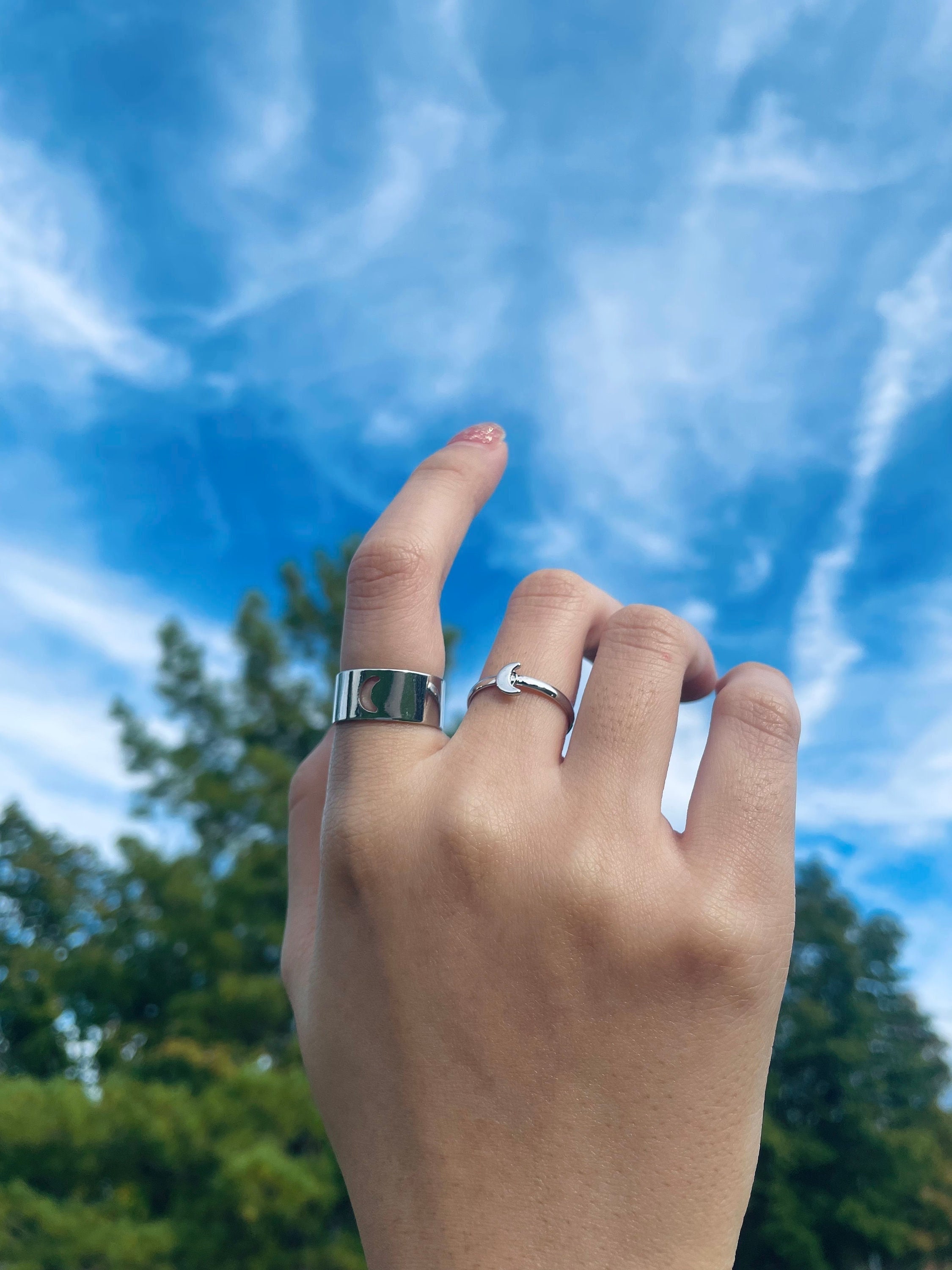Crescent Moon Ring Set for Couples Matching Silver Rings 
