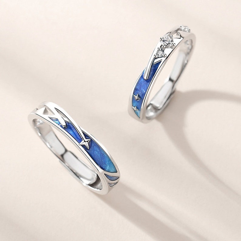 Meteor Galaxy Star Couple Matching Rings Set Silver Couple Rings Zodiac ...