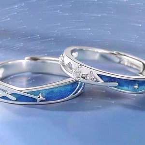 Meteor Galaxy Star Couple Matching Rings Set Silver Couple Rings Zodiac Themed Promise Rings for Anniversary Birthday Gift for Lovers bf gf