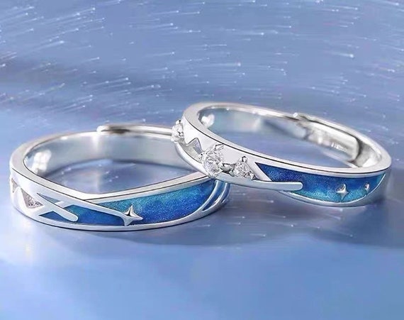 Meteor Galaxy Star Couple Matching Rings Set Silver Couple - Etsy