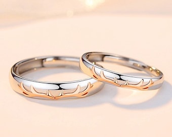 Elk Deer Antlers Promise Rings for Couples, His and Her Matching Rings with Adjustable Bands, Sterling Sliver Rings, Anniversary Gift for gf