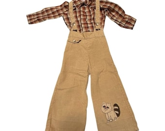 Vintage Boys Wonderalls 2T Tan Corduroy Overalls & Plaid Shirt 2 Piece Set RARE